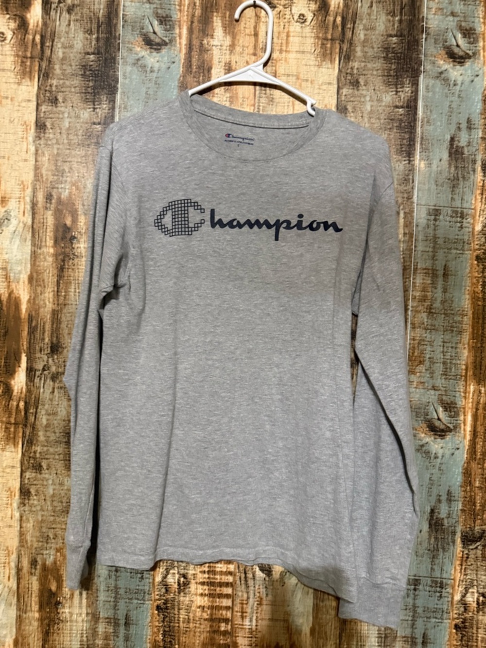 Champion Heather Gray Long Sleeve Tee with Navy Logo